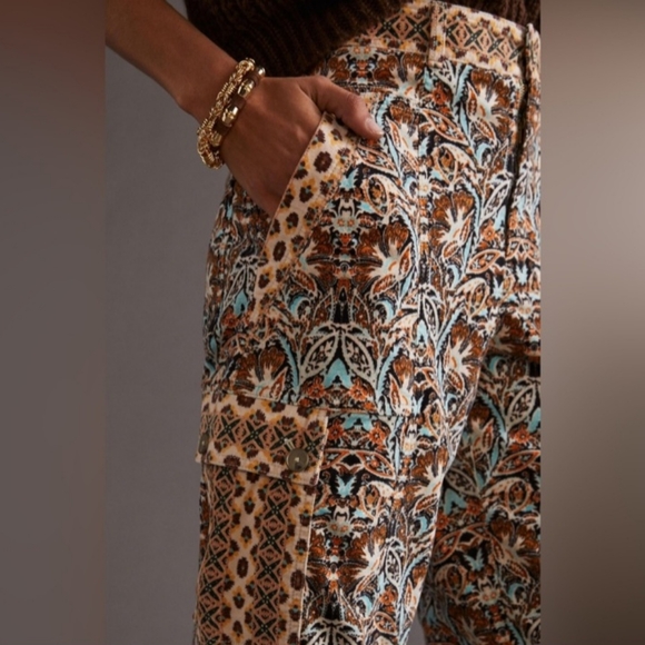 Anthropologue Print Velvet Cargo Barrel Leg Pant Size 8 - Picture 2 of 15